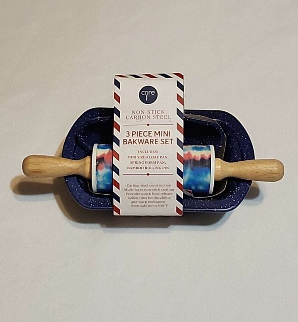 Core Kitchen 3 pc Mini Bakeware Set Loaf Pan Spring Form Pan Bamboo Rolling Pin